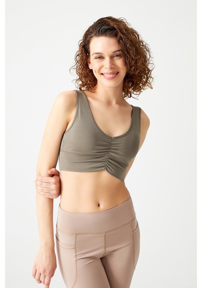 Los Ojos Haki Hafif Destekli Kaplı Önü Büzgülü Crop Top Büstiyer Low Scoop Haki