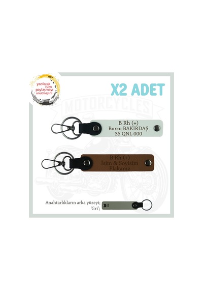 Motorculara Özel, İsim Plaka Ve B + Kan Grubu Yazılı Kişisel, X2' Li Anahtarlık Set, Kahve-beyaz-gr