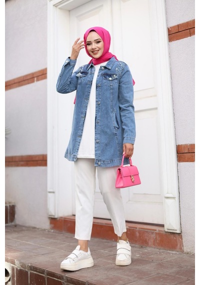 Harman Butik Kadın Boncuk İşlemeli Denim Kot Ceket Kot Mavi Kot Mavi
