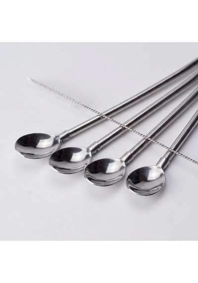 5 Parça Karıştırıcı Kaşıklı Paslanmaz Çelik Pipet Seti, 4 Adet Kaşıklı Metal Pipet Ve Temizleme Fırçası, Soğuk Kahve, Smoothie, Milkshake, Limonata, Kokteyl Ve İçecek Sunumu İçin