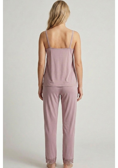 Siyah İnci Dantelli Viskon Örme Pijama Takım 8021 Vizon İp Askılı Pijama
