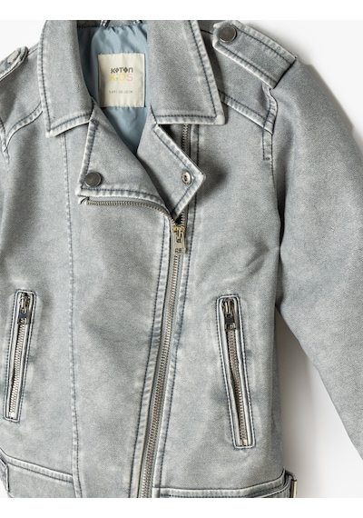 Koton Suni Deri Biker Ceket Fermuarlı Cep Detaylı Gri 5skg20016aw Gri