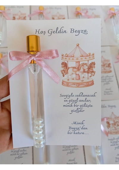 Perivar Kişiye Özel - Pembe Atlıkarınca Baskılı Kart - Hoş Geldin Bebek Ve Bebek Mevlidi Misafir Hediyeliği