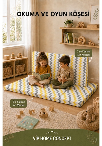 2 Li Katlanabilir Çocuk Oyun Minderi ve Yer Yatağı Seti 70x180 + 70x120 CM 6 CM - Sarı Gri Zikzak