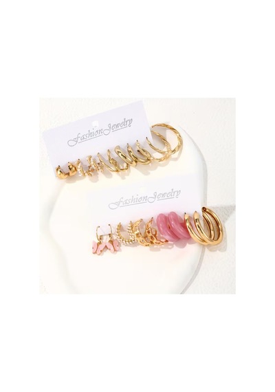 Melody 10 Çift İncili & Figürlü & Halka Küpeli Altın Renk Tasarım Vintage Çoklu Gold Küpe Seti Çok Renkli