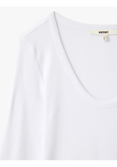 Koton Pamuklu Uzun Kollu U Yaka Slim Fit Fitilli Tişört Beyaz 5sak50232ek