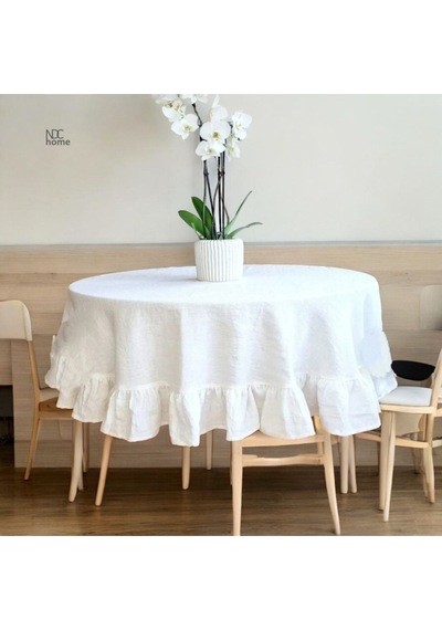 Dnc Home Tekstil  Premium Beyaz Keten Fırfırlı Yuvarlak Masa Örtüsü 001