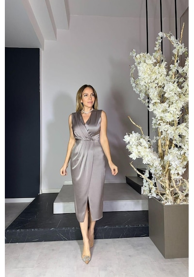 Ges Moda G1207 Drape Ve Kemer Detaylı Saten Tasarım Elbise Vizon Vizon