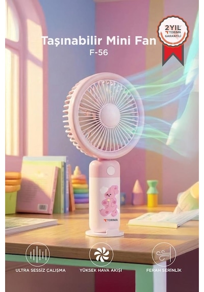 Şarjlı El Vantilatörü Masaüstü Stantlı 3 Kademeli Taşınabilir Mini Fan F56 Pembe