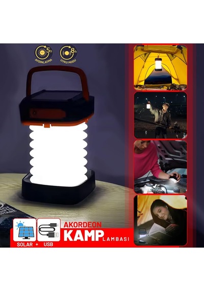 Solar Akordeon Kırmızı Kamp Lambası 360 Led Beyaz Işık Dahili Batarya Güneş Paneli + Usb Şarj El Feneri Seyah Çok Renkli