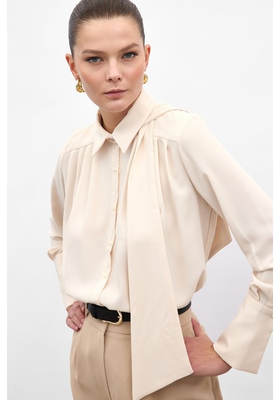 Sateen Fularlı Gömlek - Bej-136900 bej