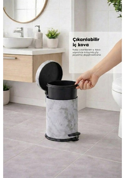 Beyaz Mermer Desenli 2'li Banyo Seti - Metal Çöp Kovası 3 Lt Ve Wc Fırçası Takımı Beyaz
