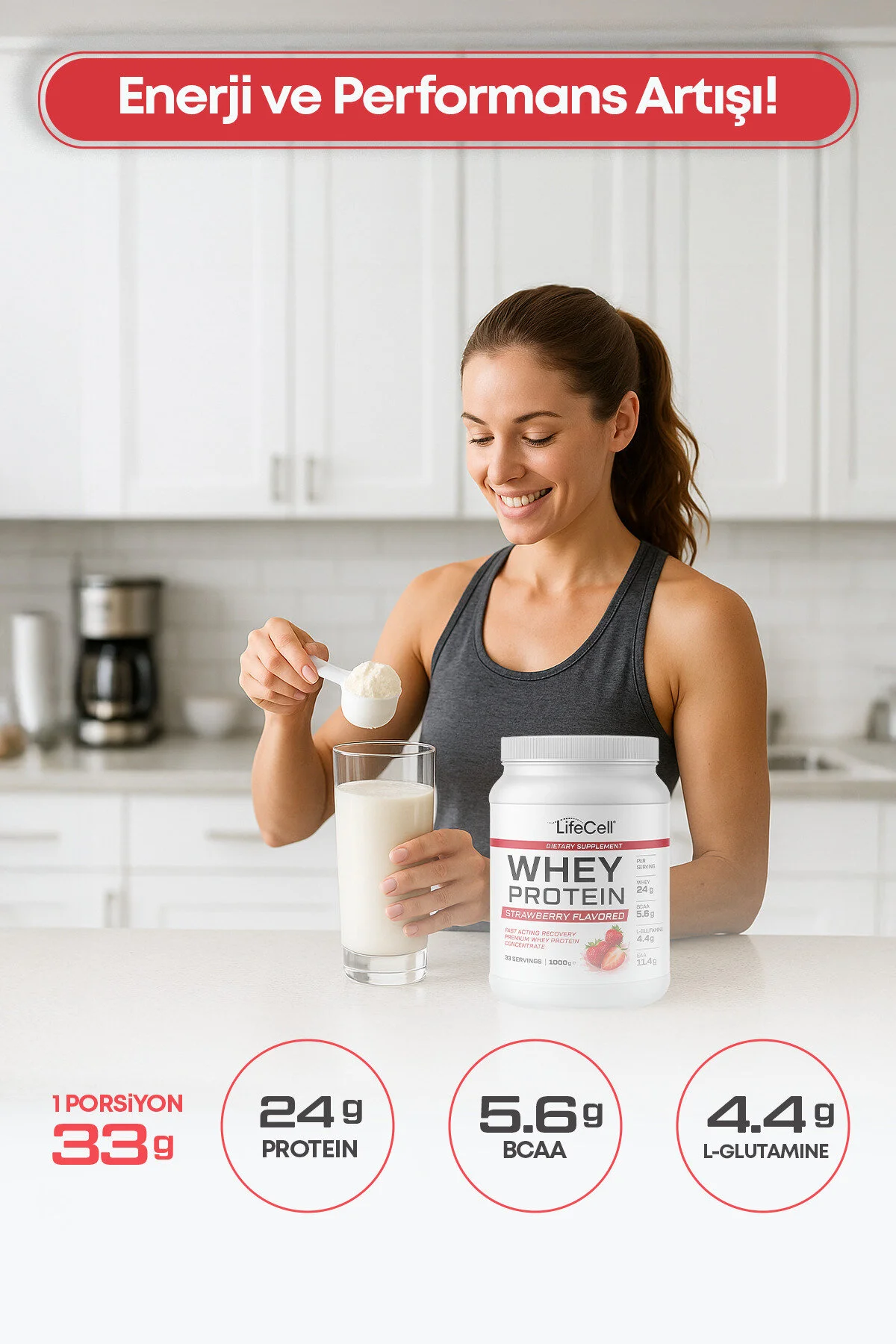 Whey Protein Tozu Çilek Aromalı 33 Servis - 1000g