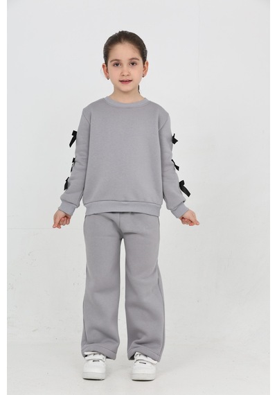 Erdem Kıds Kız Çocuk 3 İplik Şardonlu Kurdele Detaylı Basic Sweatshirt-bol Kesim Palazzo Eşofman Takım Gri Gri