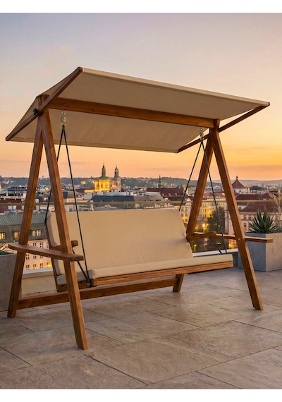 Riva 2100 3 Kişilik Ahşap Bahçe Salıncağı, Balkon ve Teras Salıncağı, Tenteli Camel