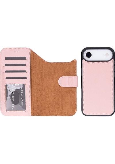 Bloomcase Magic Wallet Blush Hakiki Deri Apple Uyumlu iPhone 17 Air 6.5" Cüzdanlı Telefon Kılıfı Pembe
