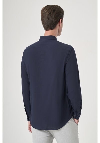 İmza Lacivert Biritli Yaka Uzun Kol Cepsiz Slim Fit Pamuklu Gömlek 1004260207