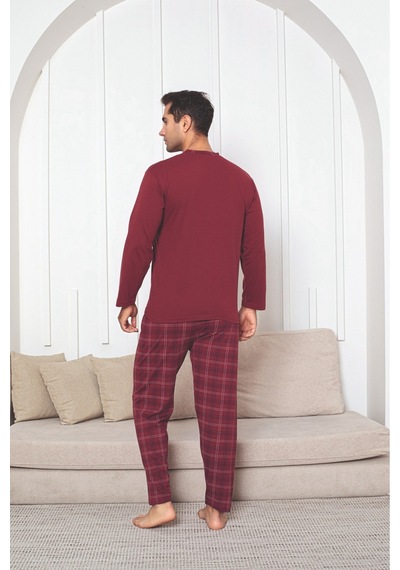 Sude Homewear Erkek Ekoseli Uzun Kollu Pijama Takımı Bordo - Siyah
