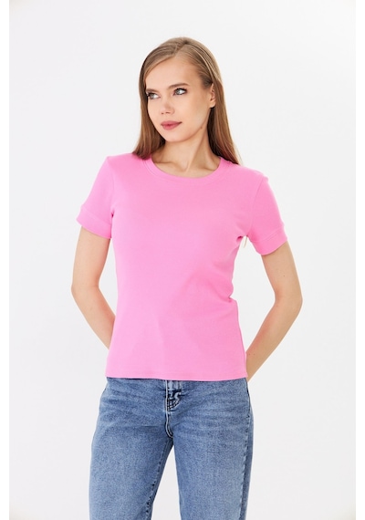 Hdm Kadın Pembe Kısa Kollu Basic Bisiklet Yaka Tişört - H6037