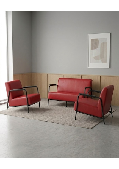 Atlas 2+1+1 Deri Ofis Modern Bekleme Koltuk Takımı Siyah Metal İskelet - Kırmızı