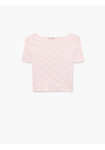 Koton Bürümcük Kumaş Slim Fit Kısa Kollu Kayık Yaka Crop Tişört Pembe 6sal10639ık Gül