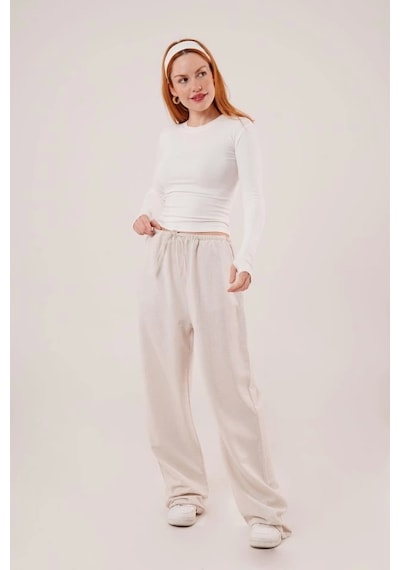 Defymoda Cepli Bağlama Detaylı Keten Ekru Pantolon Ekru