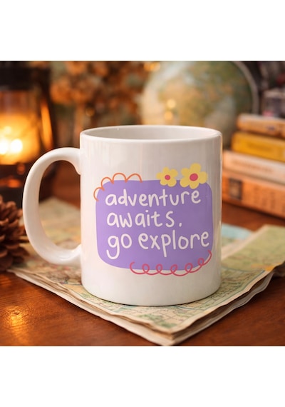 Adventure Awaits Go Explore Yazılı Porselen Kupa Model 157 Motivasyon Temalı, Sevimli Tasarım, Kahve & Çay Kupası Diğer