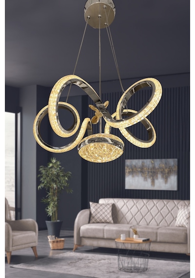 Kıvrım Eliza Tek Toplu Simli Slikonlu Modern Oturma Led Avizesi - Kumandalı / Krom Krom