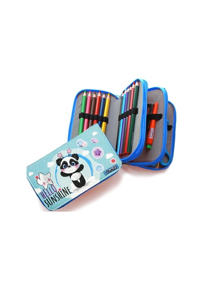 Kalem Kutusu Panda Kawai Organizer Kalemkutu Vegan Deri Üç Bölmeli Kalemlik-Mavi