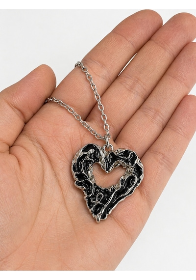 Gotik Kalp Tasarım Siyah Metal Kolye Unisex 60 Cm Zincir Çok renkli