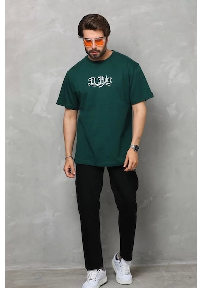 Unisex Bisiklet Yaka Baskılı Oversize T-shirt - Yeşil Yeşil