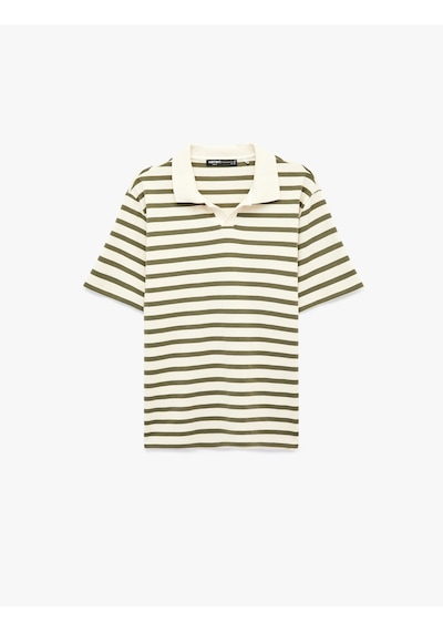 Koton Regular Fit Kısa Kollu Polo Yaka Çizgili Tişört Haki Çizgili 6sam10388mk