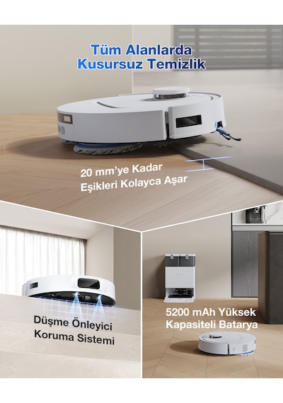Ecovacs Deebot T30C Prime Omni Robot Süpürge 25.000 Pa Emiş Gücü Ozmo Turbo 2.0 Paspas Teknolojisi Beyaz