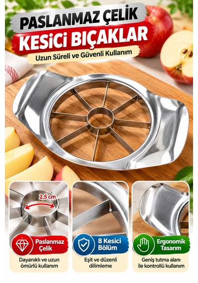 Elma Kesici Paslanmaz Çelik 8 Dilim Meyve Sebze Dilimleyici Pratik Mutfak Kesme Aparatı Ergonomik Xl Gümüş