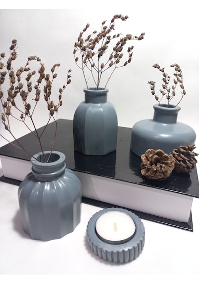 Modern Minimal Vazo Set 3'lü, Ev & Ofis Hediyelik, Dekoratif Obje, Gri