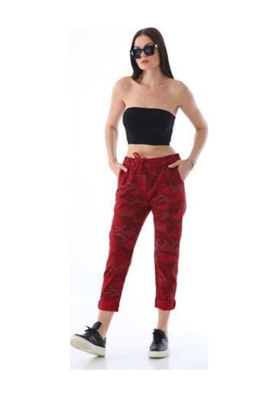 Eren Style Italyan Beli Bağlamalı Kamuflaj Desenli Dar Paça Pantolon-9078 Kırmızı