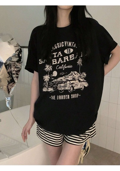 Santa Barbara T-shirt - Siyah Baskılı Oversize Bisiklet Yaka Kısa Kol SIYAH