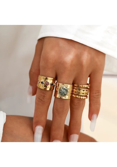 Girift Vintage Yule 3 Adet Gold Taşlı Güneş Detaylı Yüzük Seti Altın