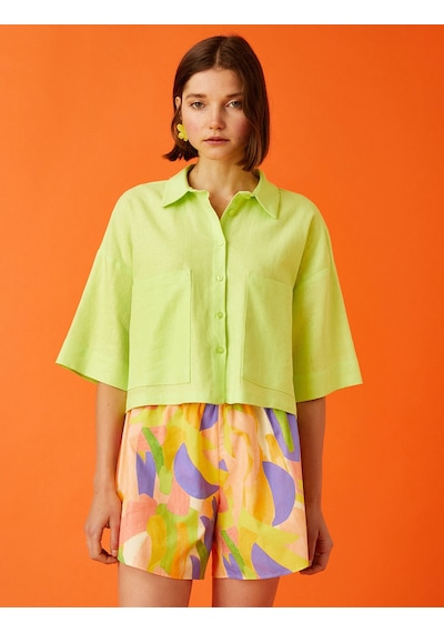 Koton Oversize Crop Kısa Kollu Gömlek Keten Karışımlı Yeşil 2sal60007ıw