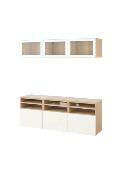 Tv Ünitesi, Ağartılmış Meşe Görünümlü-parlak Cila-beyaz, 180x42x192 Cm, Selsvıken/glassvık, Fren Raylı Beyaz Tv Ünitesi, Ağartılmış Meşe Görünümlü-parlak Cila-beyaz, 180x42x192 Cm, Selsvıken/glassvık, Fren Raylı Beyaz