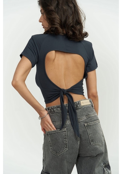 Mai Collection Mai Studios Co. Perla Vatkalı Antrasit Crop Bluz Antrasit