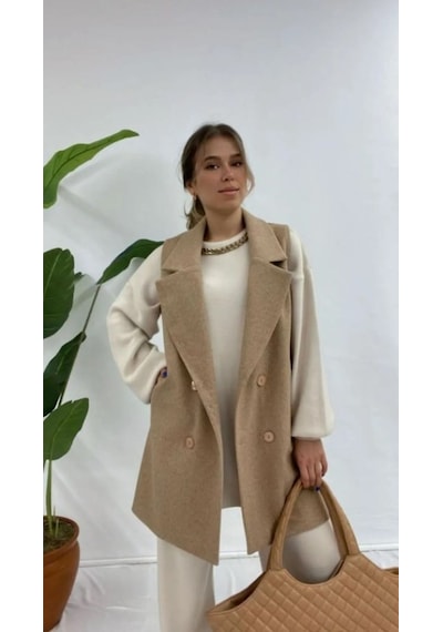Alemdarshop Zarif Camel Bej Kruvaze Yelek Soft Tonlarda Premium Stil - Camel