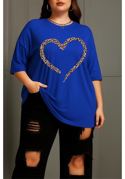Love Kadın Büyük Beden Battal Baskılı Bisiklet Yaka Pamuklu T-shirt Rahat Kesim Unisex Sevgili Kombini Sax Mavısı