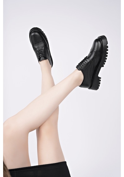 Muggo Amour Bağcıklı Hakiki Deri Kalın Taban Günlük Casual Makosen Kadın Loafer Ayakkabı Siyah