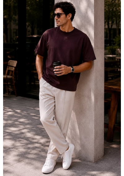 Bbbutikbasic Erkek Oversize Basic Bisiklet Yaka Pamuklu Tişört My3535 Kahverengi