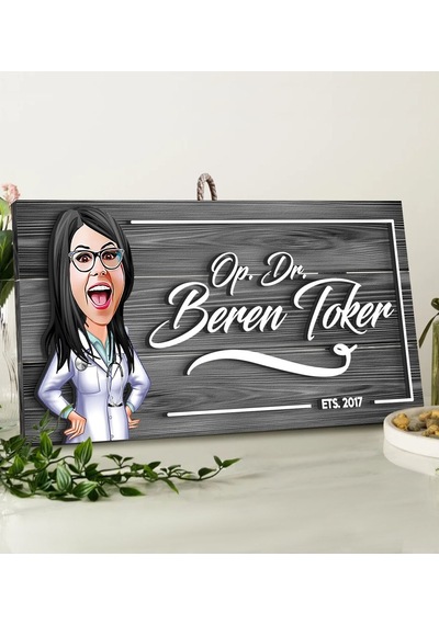 Bk Gift Kişiye Özel Doktor Karikatürlü Gri Dekoratif Ahşap Tabela (552181199)