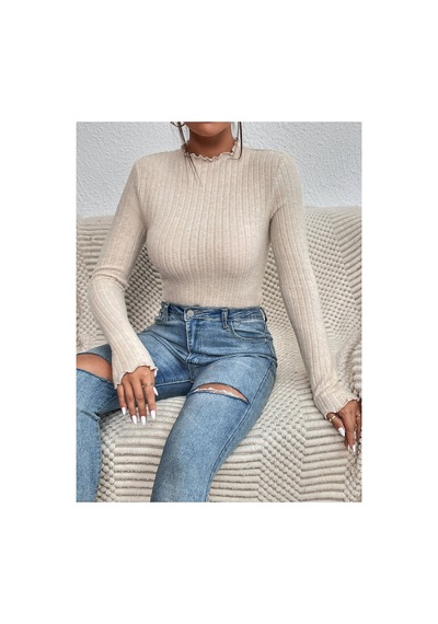 Moda Kadın Dik Yaka Uzun Kollu Esnek Yumuşak Dokulu Body Bej Bej