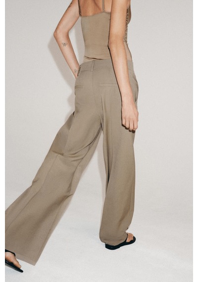 Açelyaokcu Premium Vento Orta Bel Wide Leg Dokuma Pantolon Bej
