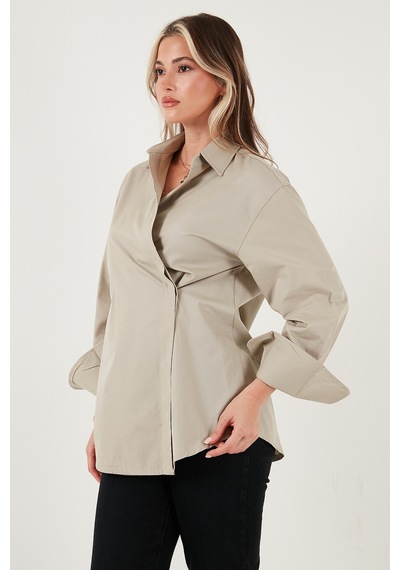 Lela Regular Fit Klasik Yaka Bağlamalı Uzun Kollu Bayan Gömlek 6834987 Bej