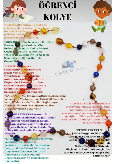 Öğrenci Kolyesi Kehribar,akik,havlit,kaplan Gözü,dumanlı Kuvars,kalsit,lapis Lazuli,pembe Kuvars Çok REnkli